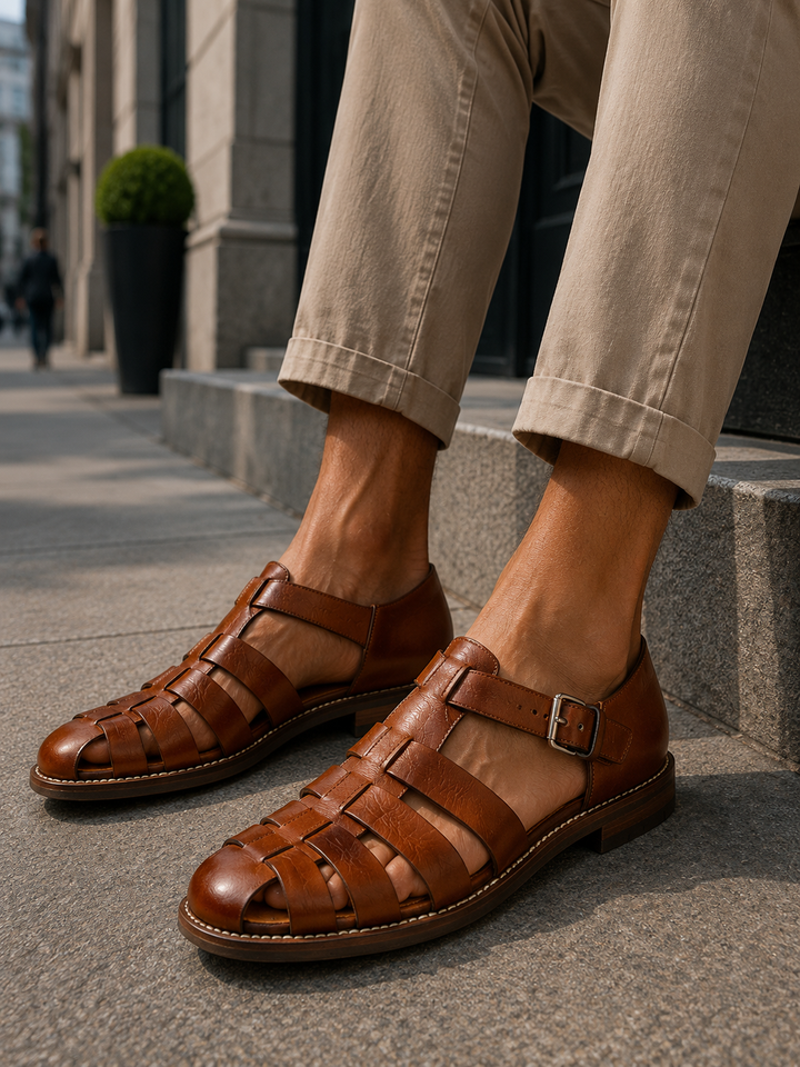 Stylish men's fisherman sandals, closed-toe design with secure buckle for an adjustable, comfortable fit.