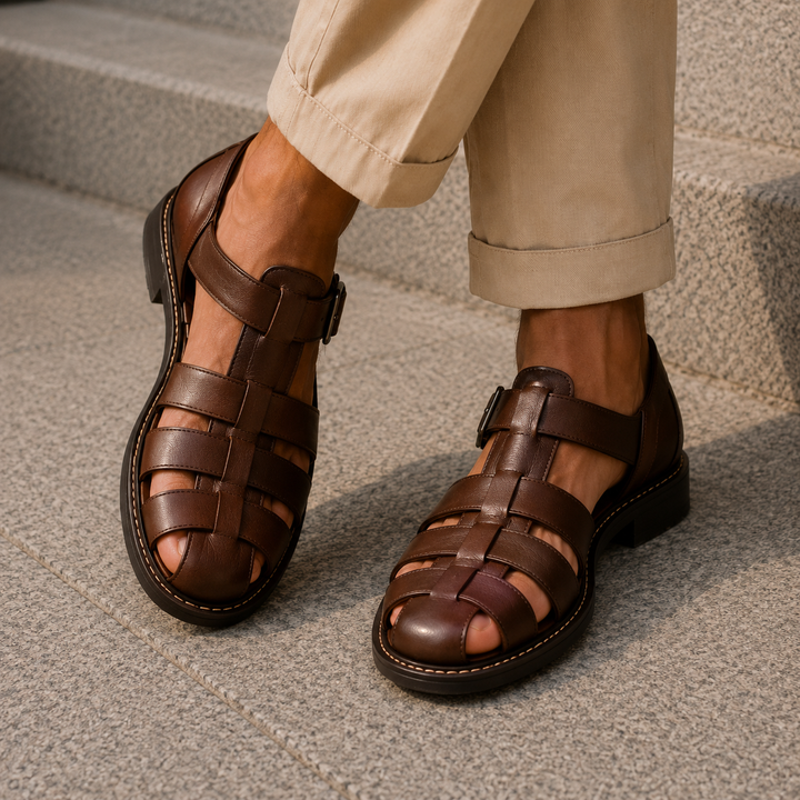 Men's summer fisherman sandals, closed-toe protection, secure buckle closure, ideal for outdoor comfort.