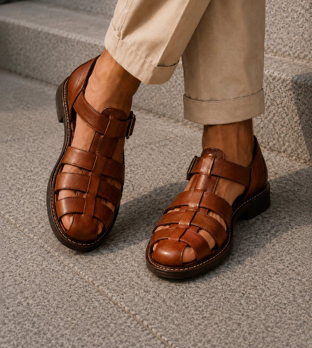 Adjustable men's closed-toe fisherman sandals with buckle, offering comfort & secure fit for summer outdoor activities.