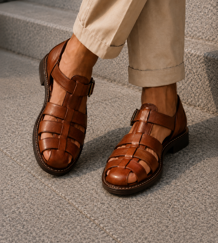 Adjustable men's closed-toe fisherman sandals with buckle, offering comfort & secure fit for summer outdoor activities.