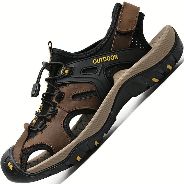 Durable men's trail sandals, closed-toe design offering secure protection and excellent traction.