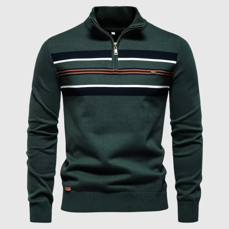 Men's coastal striped quarter-zip pullover sweater, perfect for casual modern layering.