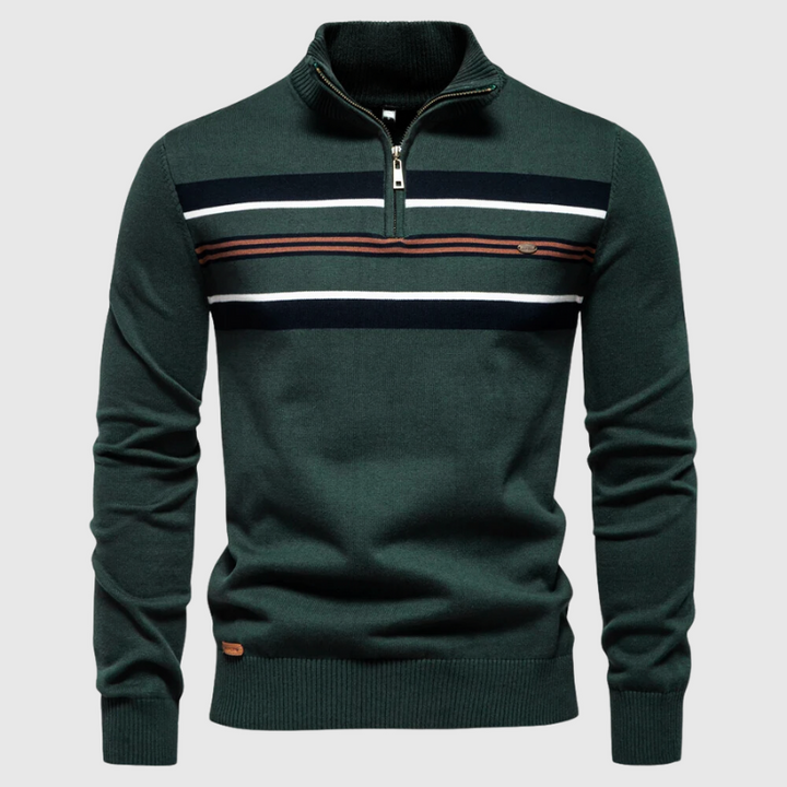Men's coastal striped quarter-zip pullover sweater, perfect for casual modern layering.