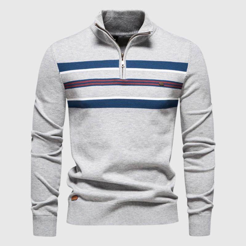 Comfortable men's striped quarter-zip sweater with zip neck, ideal for coastal casual wear.