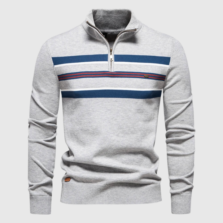 Comfortable men's striped quarter-zip sweater with zip neck, ideal for coastal casual wear.