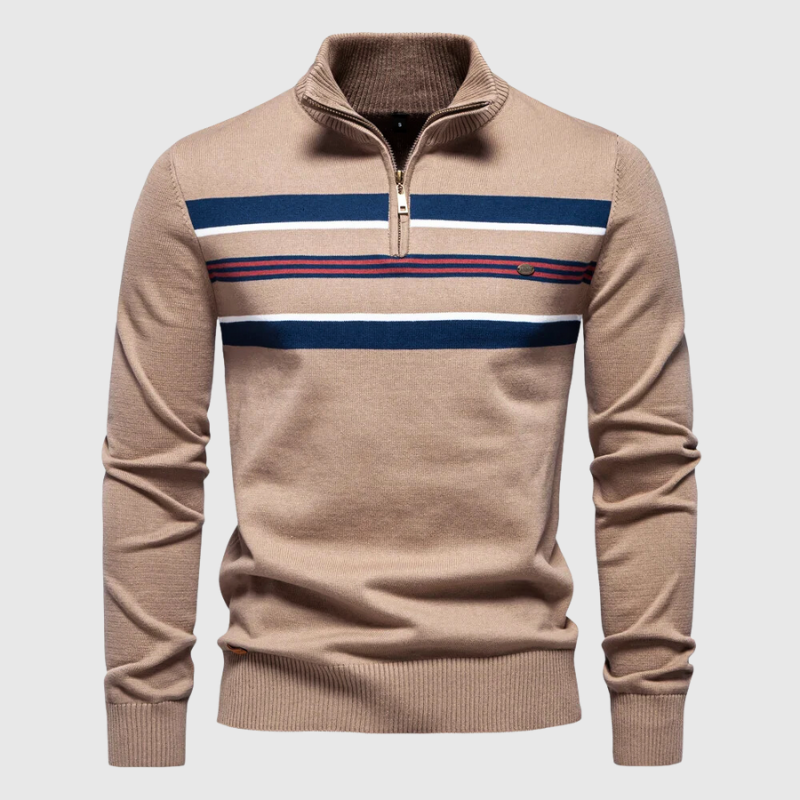 Classic men's striped pullover, quarter-zip style for fall & spring layering. Modern coastal fashion.