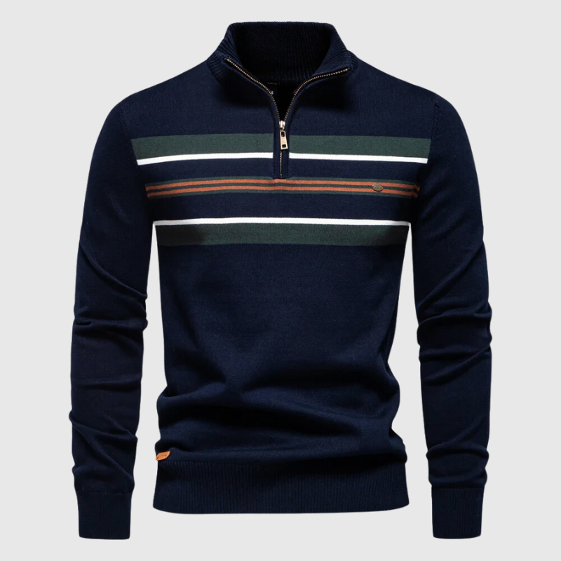 Soft men's striped quarter-zip sweater, a stylish pullover for comfortable casual wear.