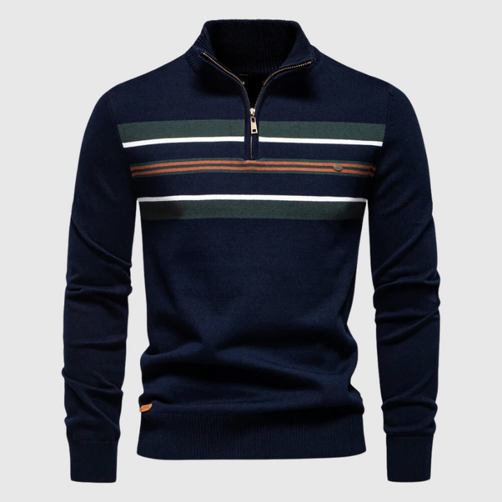 Soft men's striped quarter-zip sweater, a stylish pullover for comfortable casual wear.
