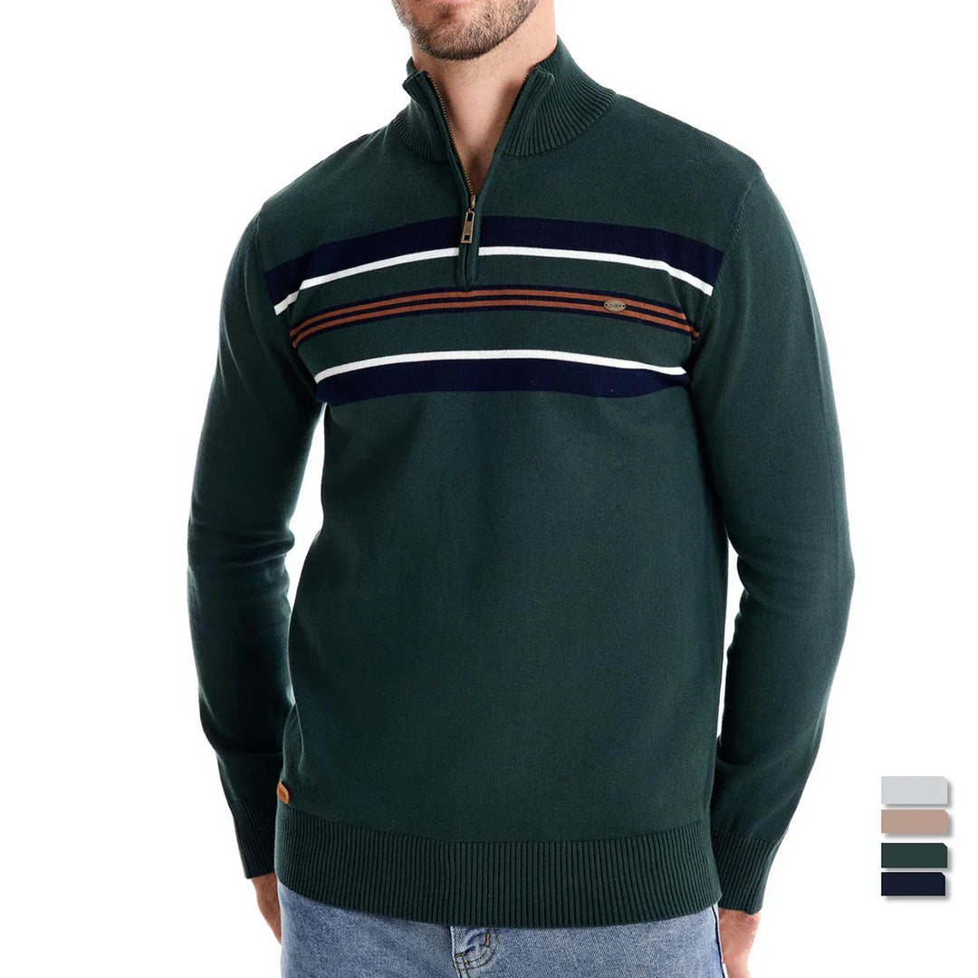 Quarter-zip pullover sweater for men, featuring a stylish coastal stripe design. Versatile layering.