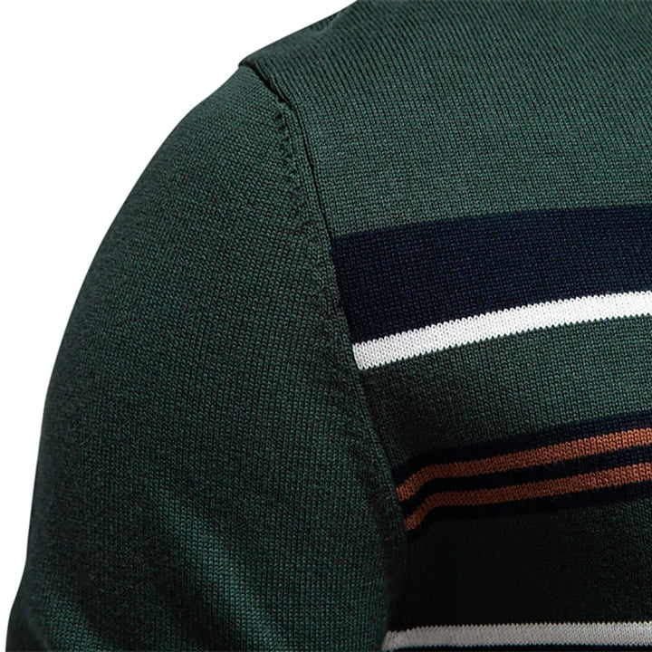 Versatile men's striped quarter-zip pullover sweater, excellent for comfortable fall & spring layering.