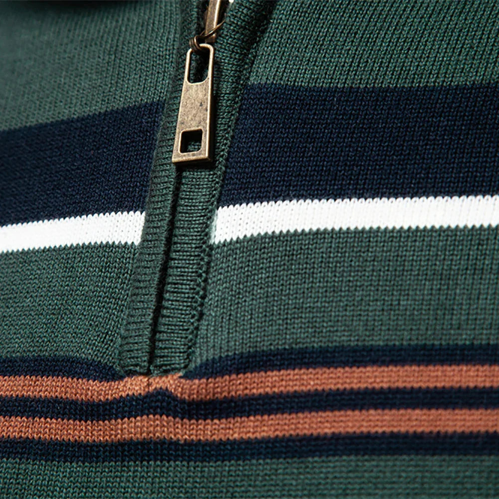 Modern men's striped quarter-zip sweater, a classic coastal pullover for comfortable casual fashion.