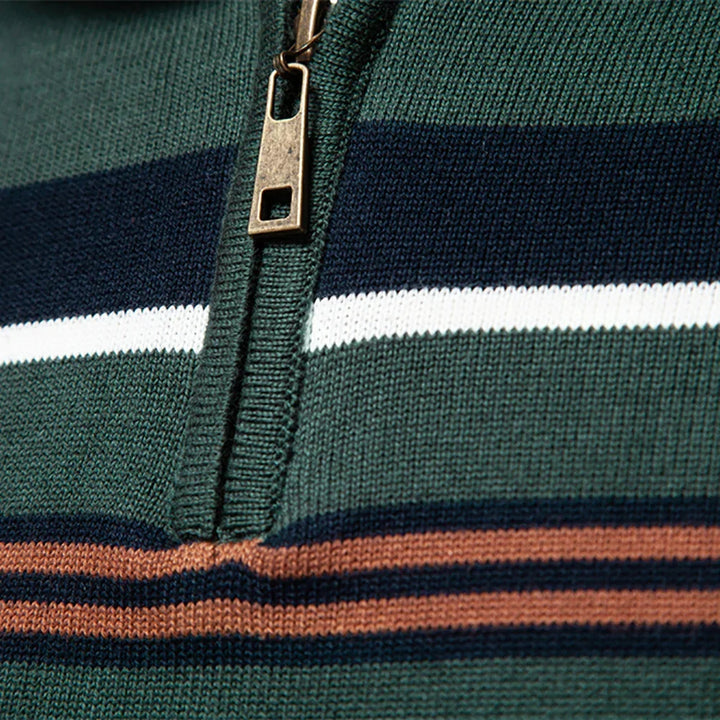 Modern men's striped quarter-zip sweater, a classic coastal pullover for comfortable casual fashion.
