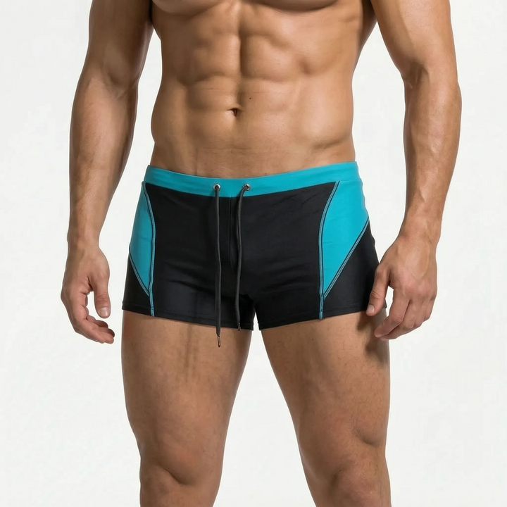 Summer-ready men's color block boxer swim trunks, essential beachwear for warm weather activities.