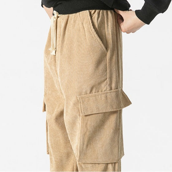 Modern casual men's drawstring cargo pants, combining comfort with contemporary relaxed style.