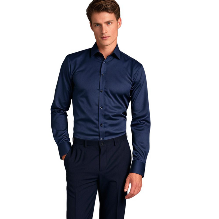 Long sleeve men's stretch dress shirt, combines comfort with stylish business fashion.