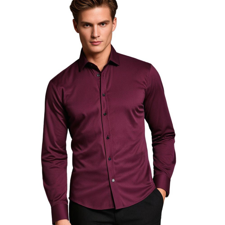 Stylish men's stretch dress shirt, comfortable long sleeve design for modern office wear.