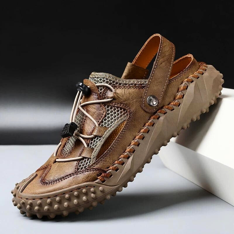 Durable men's trail sandals offering comfort, protective toe, and adjustable quick-lace for active wear.