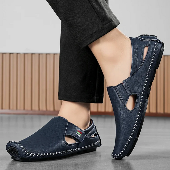 Durable men's casual footwear: slip-on open-toe sandals with good support for daily use.