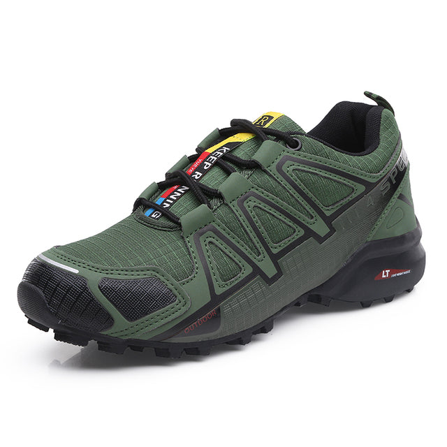 Side view of men's robust all-terrain hiking shoes, designed for comfort & trail performance.