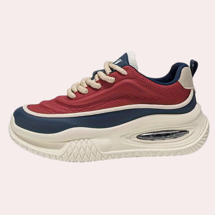 Trendy red men's platform sneakers, ideal for athletic fashion & daily comfort. Stylish casual footwear.