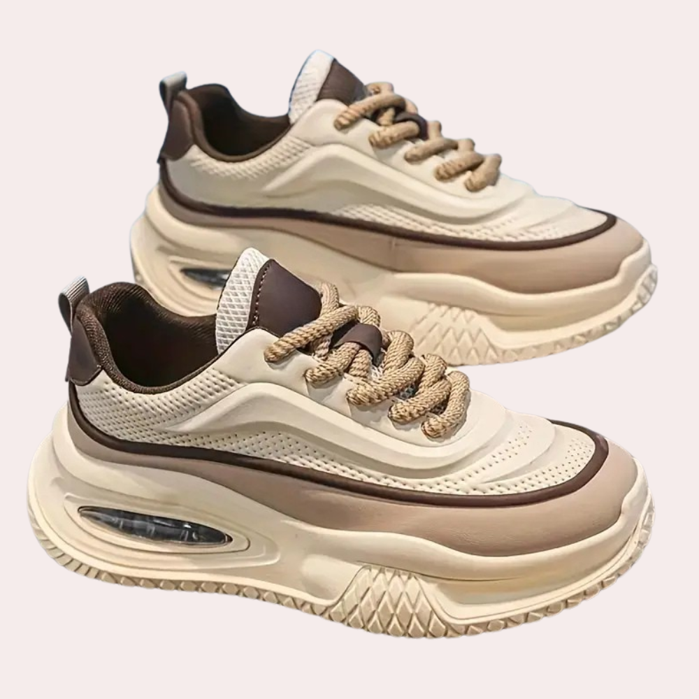 Fashionable men's beige and red platform sneakers. Comfortable, trendy, and versatile for daily outfits.