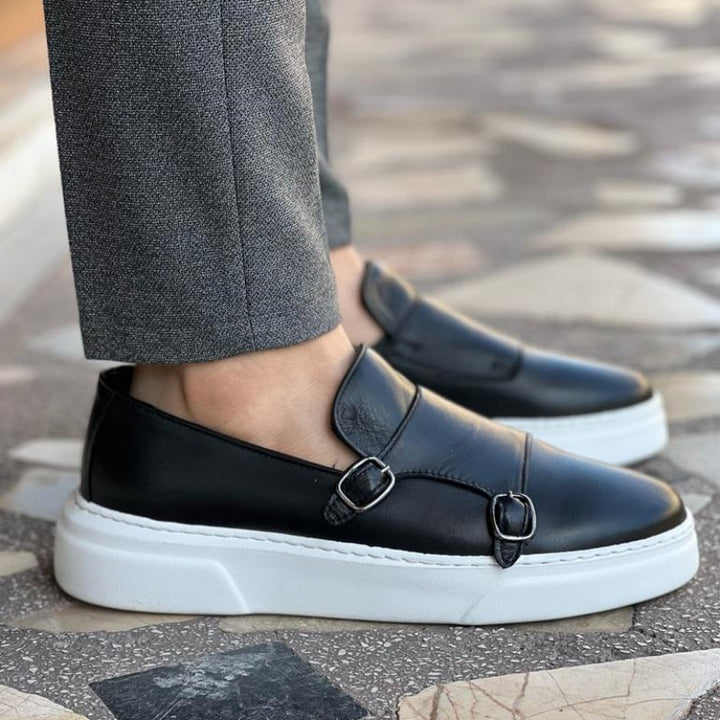 Men's comfortable slip-on loafers on feet, showcasing easy wear and classic style for daily use.