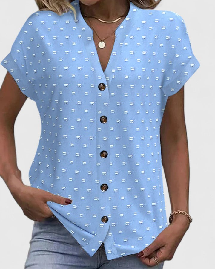 Men's comfortable blue & khaki V-neck shirt. Relaxed fit, basic top for versatile everyday spring wear.