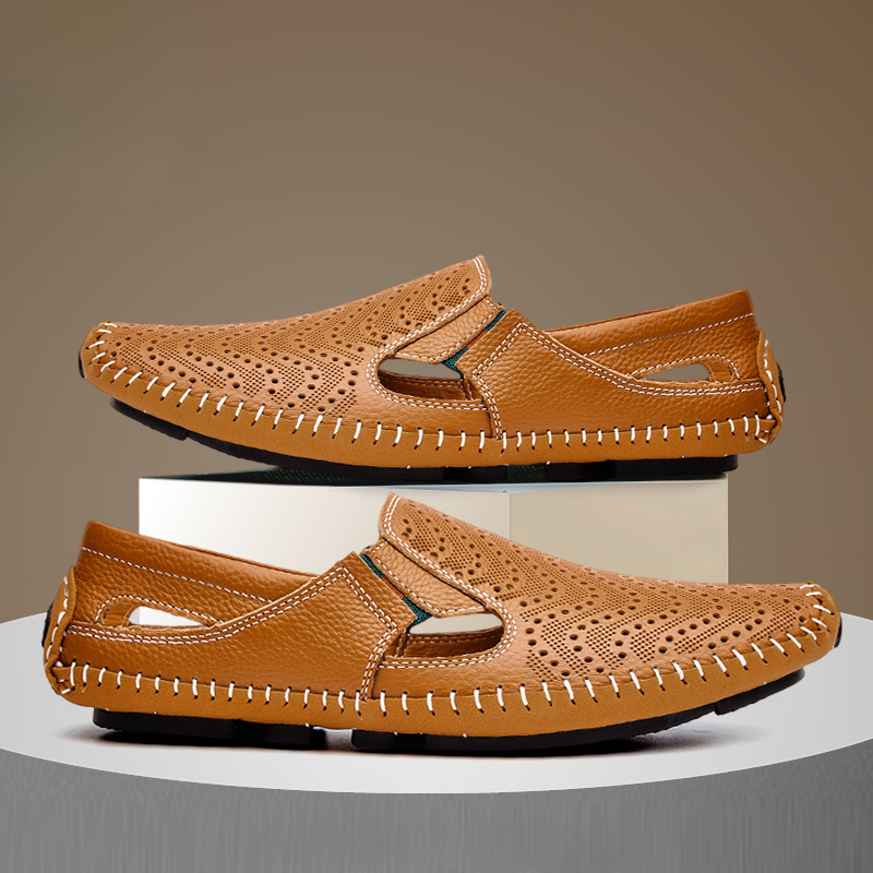 Brown leather-look men's summer sandals, adjustable straps & cushioned footbed for comfort.
