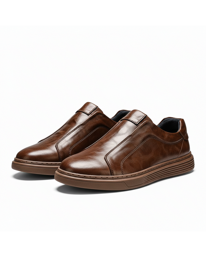 Men's comfortable brown leather slip-on loafers, perfect for casual or dress casual everyday wear.