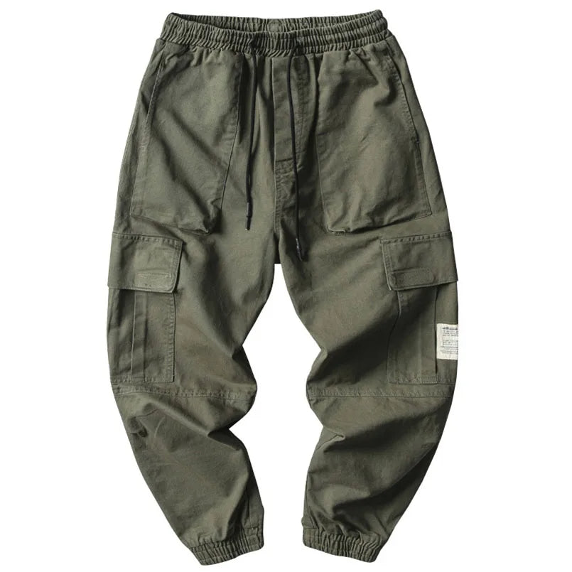 Modern men's casual tapered joggers featuring an elastic waist and drawstring for a secure fit.