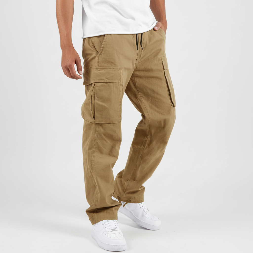 Detailed shot of the drawstring waist on men's cotton cargo joggers, ensuring a perfect fit.