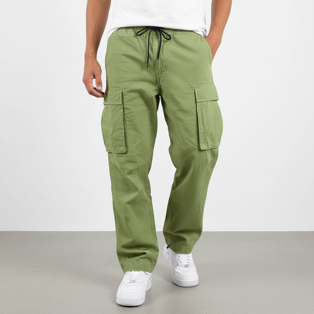 Side profile of men's cotton cargo joggers, emphasizing their relaxed and functional design.