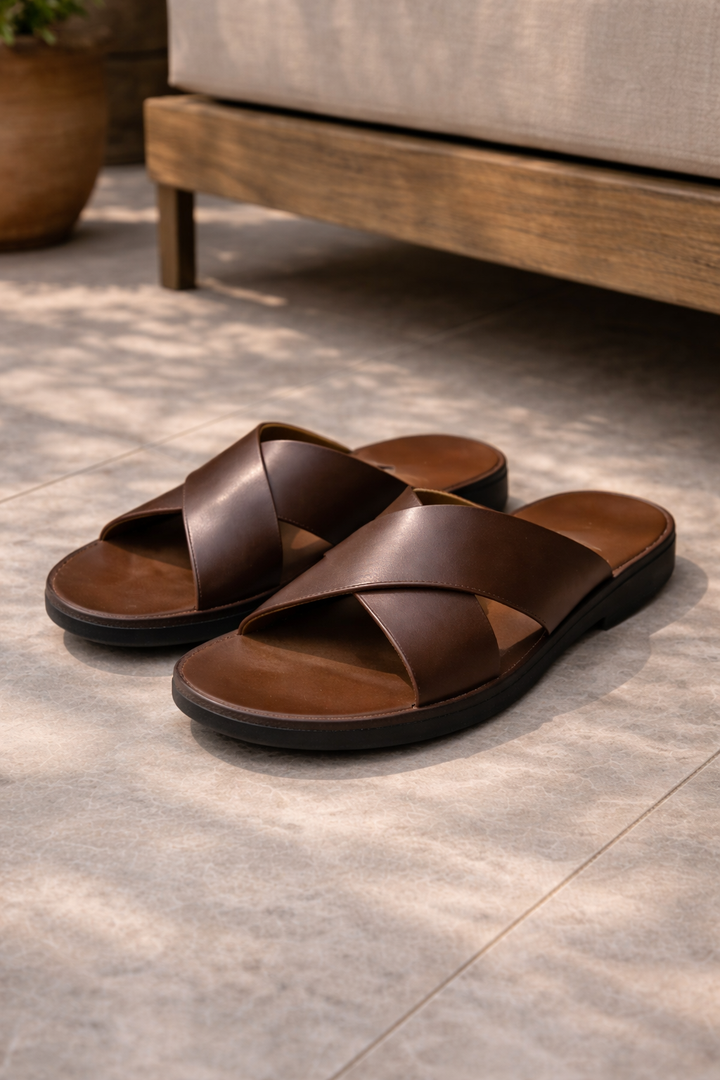 Men's comfortable cross strap slide sandals, ideal for summer casual wear & beach. Slip-on open-toe design.