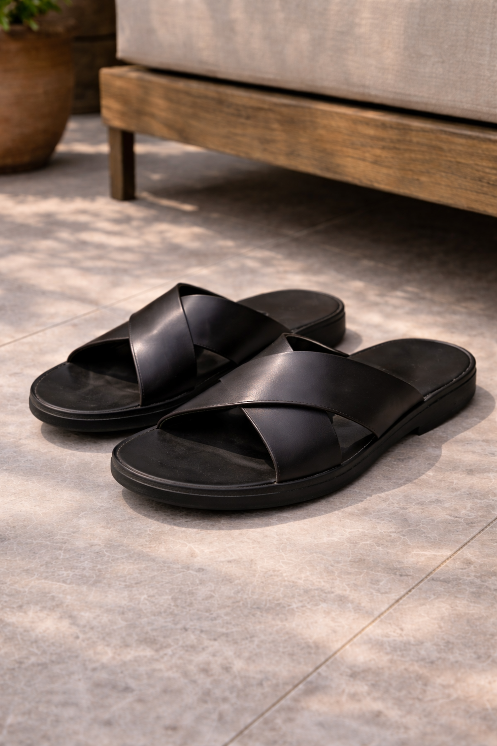Stylish men's cross strap slide sandals for summer. Perfect casual slip-on footwear for warm weather & comfort.