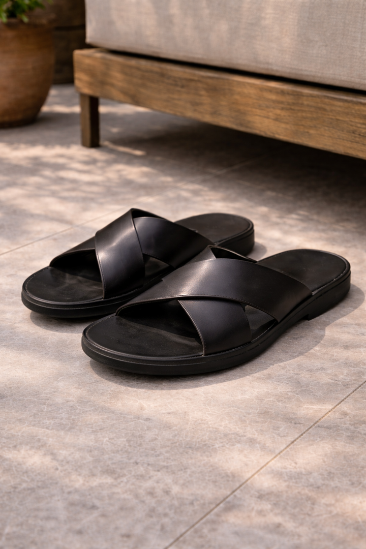 Stylish men's cross strap slide sandals for summer. Perfect casual slip-on footwear for warm weather & comfort.