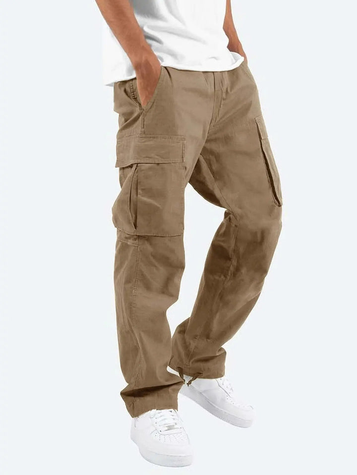 Drawstring men's cargo pants, comfort fit, durable fabric & practical pockets for daily utility.