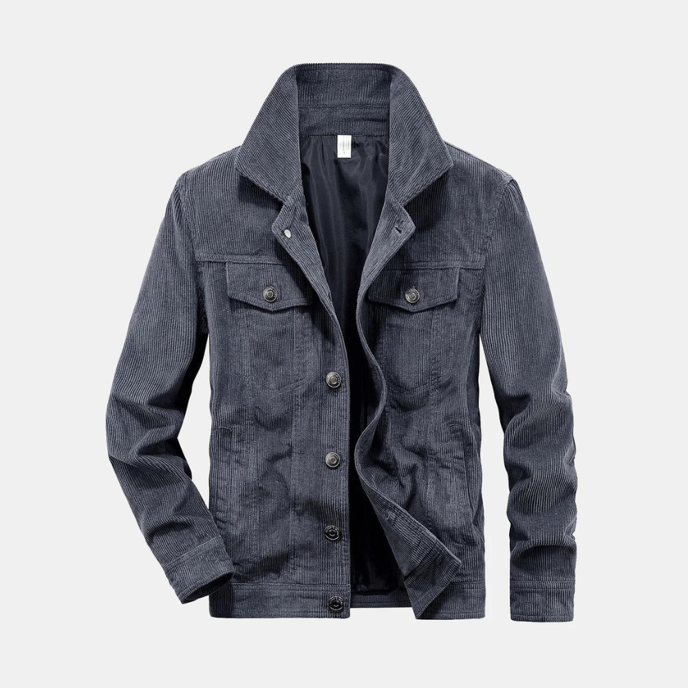 Men's comfortable grey corduroy jacket, perfect for casual fall fashion.