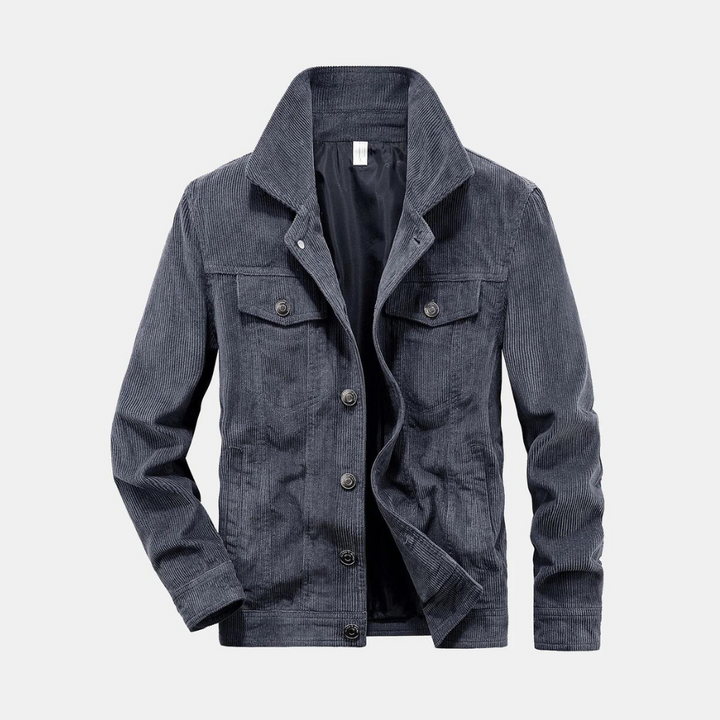 Men's comfortable grey corduroy jacket, perfect for casual fall fashion.