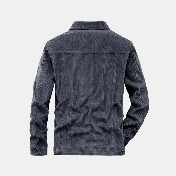 Stylish men's grey corduroy outerwear, a versatile addition to any casual wardrobe.