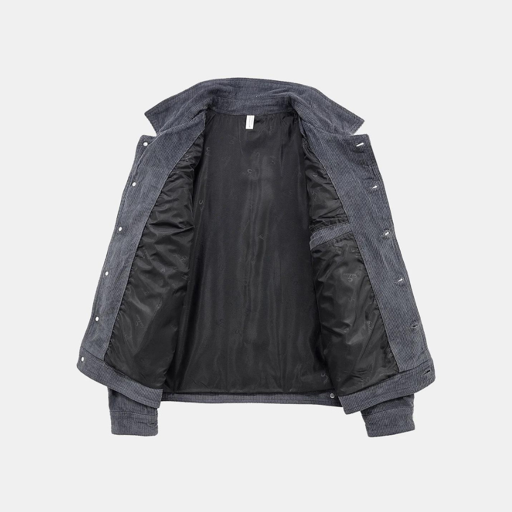 Relaxed fit grey corduroy jacket for men, offering both comfort and modern style.