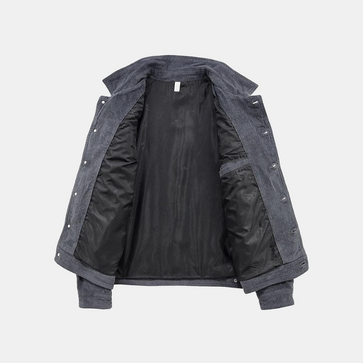 Relaxed fit grey corduroy jacket for men, offering both comfort and modern style.