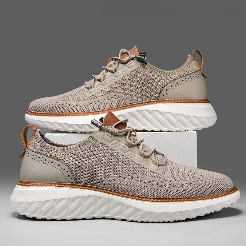 Lightweight men's khaki knit sneakers, perfect for casual, comfortable footwear.