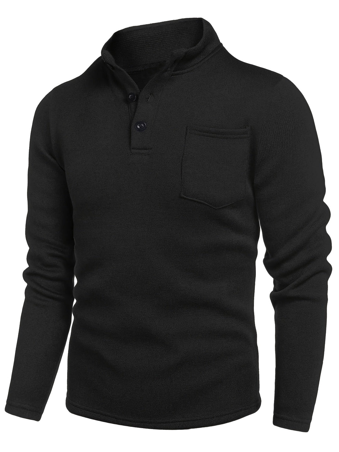 Essential black men's long sleeve top, stylish & comfortable for casual wear. Features stand collar & chest pocket.