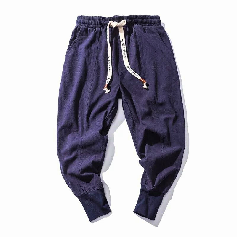Modern men's linen blend cotton joggers, ideal for a comfortable athletic look and urban street fashion.