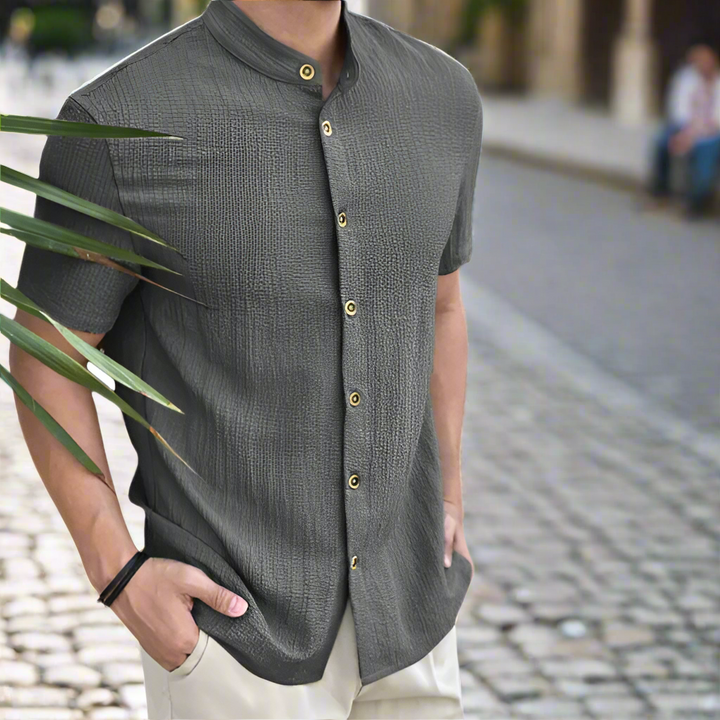 Close-up of a men's comfortable linen button-up shirt texture, ideal for summer fashion.