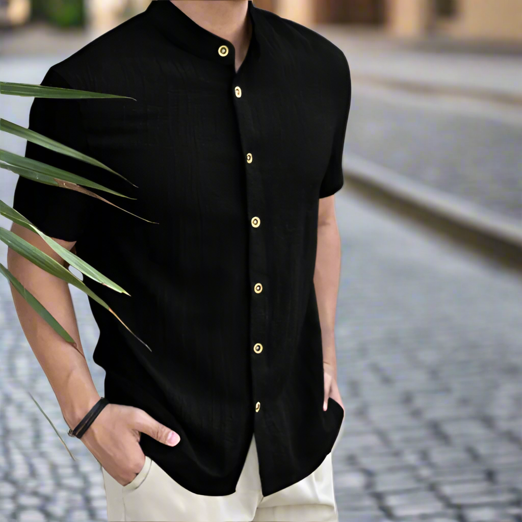 Men's relaxed fit linen button-up shirt in a natural tan color, great for warm weather.