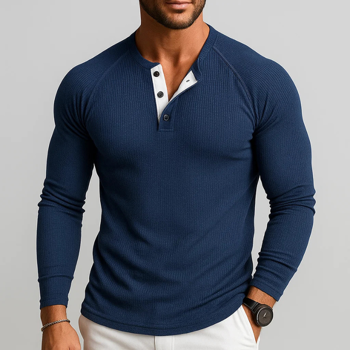 Men's comfortable long sleeve henley shirt, perfect for casual everyday wear. Soft fabric & tailored fit.