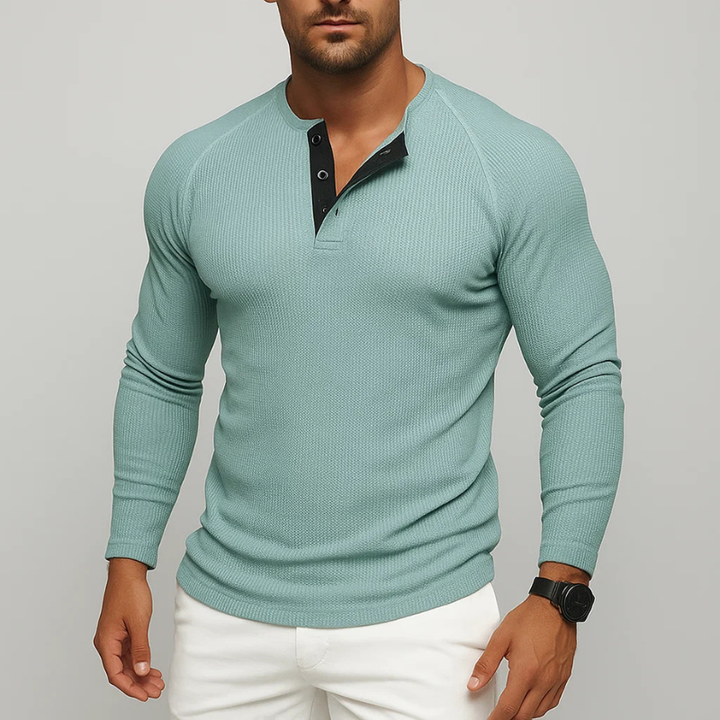Classic men's long sleeve henley shirt, versatile for fall fashion. Everyday casual or layered style.