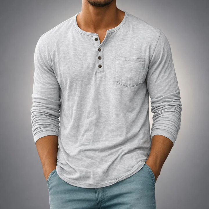 Tailored fit men's henley long sleeve shirt, a classic style everyday top for modern men's fashion.