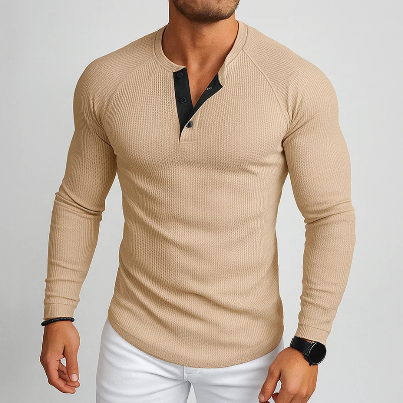 Stylish men's tailored fit long sleeve henley, ideal for comfortable casual wear and everyday activities.